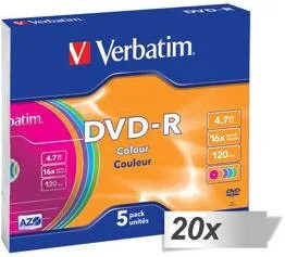 VERBATIM Mediu de Stocare 20x5 DVD-R 4,7GB Colour 16x Speed, Slim Case
