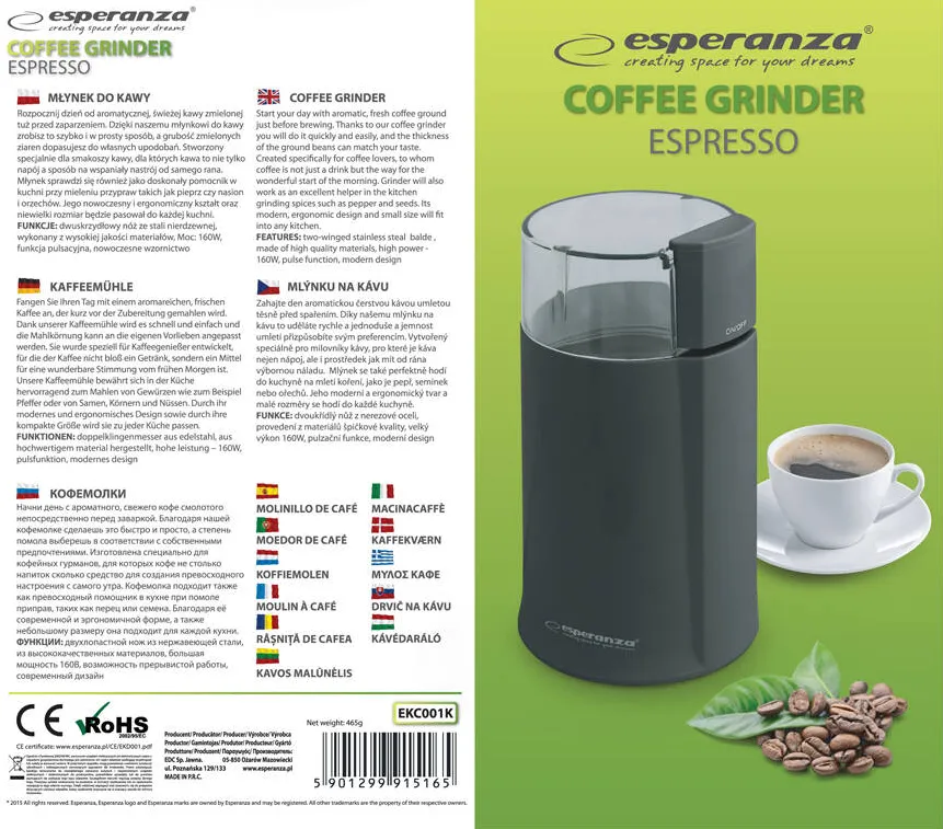 Esperanza EKC001K Rasnita cafea Black 160 W