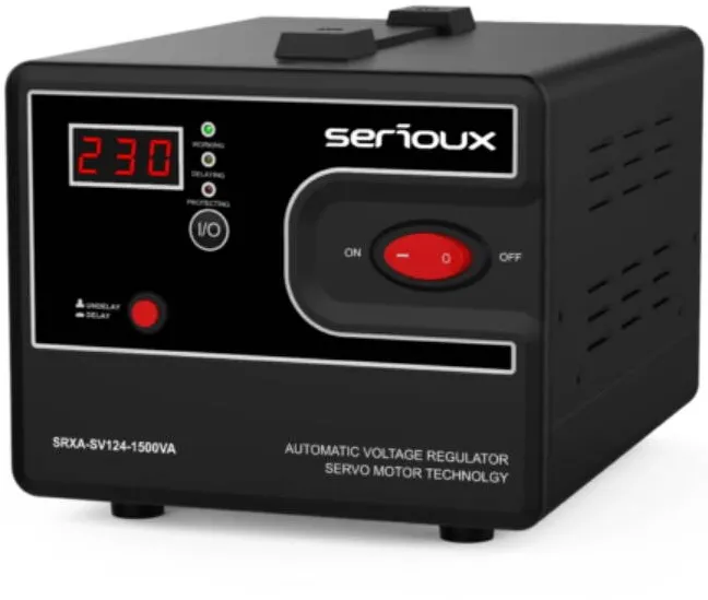 Serioux Stabilizator de tensiune cu servomotor SRXA-SV124-1500VA, 1500VA, IP20, protectie tensiune scazuta, supratensiune, scurtcircuit, supraincalzire