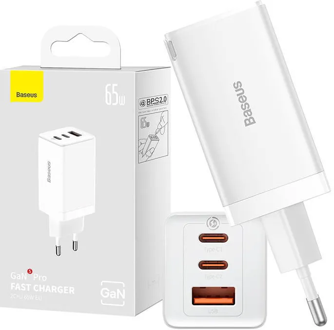 Baseus Incarcator GaN5 Pro 2xUSB-C + USB, 65W (white)