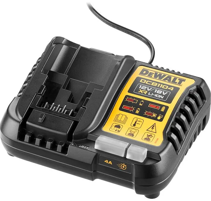 DeWalt Incarcator compact slim acumulatori DeWALT DCB1104 XR compatibilitate multipla, incarca toate bateriile DeWALT de 10,8V, 12V, 14,4V si 18V XR Li-Ion, sistem de incarcare in 2 etape, indicator LED