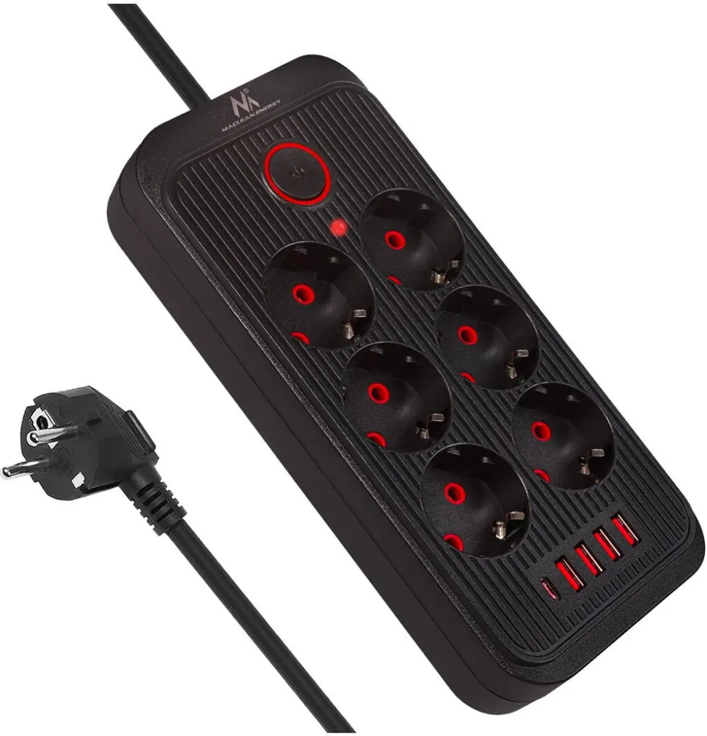 MACLEAN Maclean power strip, 6 socket extension + 4xUSB, 110-240V AC 50/60Hz, 2.1A max 2500W, 1.5 m, black, MCE389 B