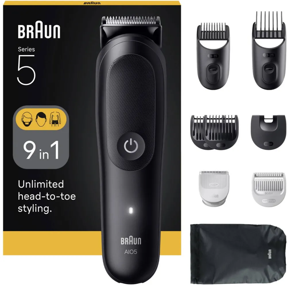 BRAUN Aparat de tuns multifunctional Braun All-in-One Seria 5 AIO5540, 9-in-1, Lama ultra ascutita, 7 Piepteni,1 Perie curatare,1 Pieptene SkinGuard pentru corp, 1 Saculet, AquaGrip pentru control sub dus, Autonomie 120 minute, Negru Mat