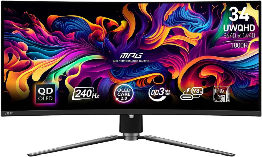 Monitor MSI Monitor 34'' MSI MPG 341CQPX QD-OLED, rezolutie 3440 x 1440, 2 x USB 2.0, 1 x USB Tip-C, 1 x Iesire Audio, 2 x HDMI 2.1, 1 x DisplayPort 1.4a, 1 x USB 2.0 Tip-B Upstream