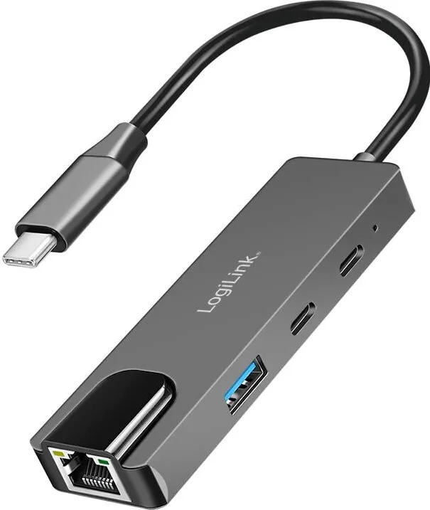 Adaptor Logilink Hub USB-C LogiLink cu 3 porturi USB, card retea 2,5G Ethernet, culoare gri stelar, dimensiuni 9,4x3,24x1,1cm