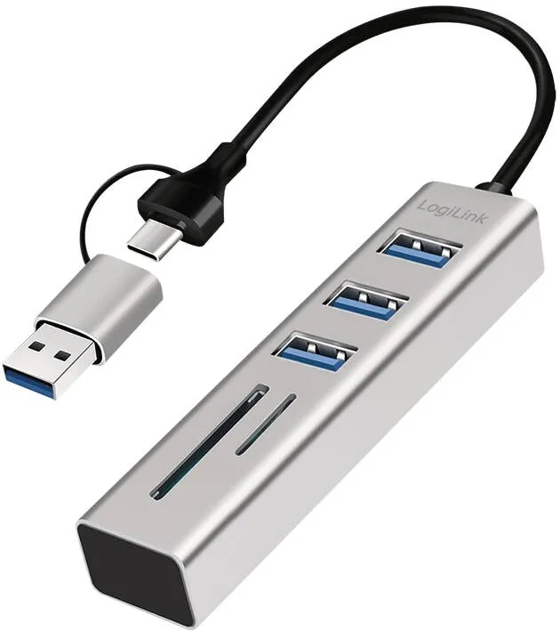 Adaptor Logilink Hub extern LogiLink, USB 3.0 x 3, conectare USB-C 3.0, argintiu