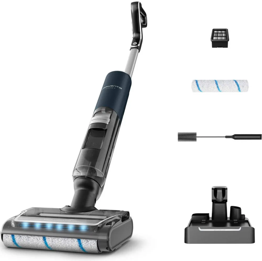 Aspirator ROWENTA Aspirator vertical fara fir cu spalare Rowenta X-Clean 7 GZ5735E0, 250W, 530 RPM, pana la 50 min autonomie, aspirare umeda si uscata, capacitate rezervor apa murdara 0.5L, functie autocuratare si autouscare, ghidare vocala, afisaj LED
