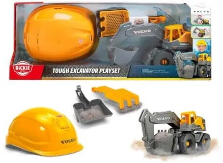 Dickie Utilaj de constructie de jucarie, Dickie Toys, Koparka Volvo, 28cm, set cu casca ajustabila