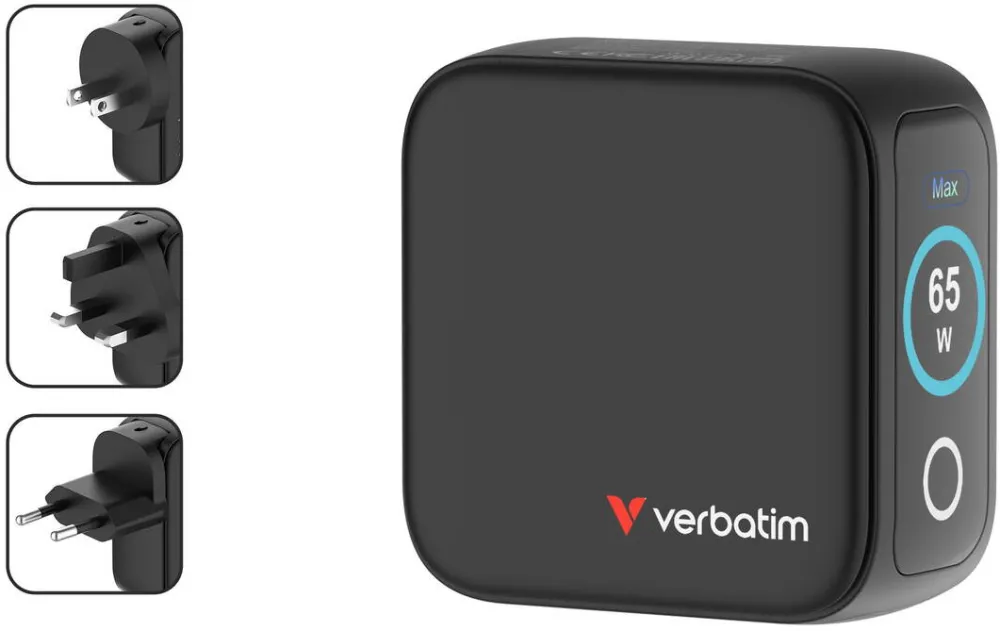 VERBATIM Adaptor de calatorie mini Verbatim 30238, GaN, 65W, display, USB-C1/C2, PD 3.0 pana la 65W, USB-A QC 3.0 pana la 20W, negru