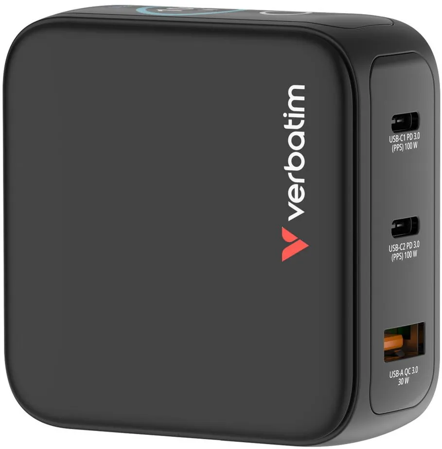 VERBATIM Adaptor de calatorie mini Verbatim 30239, GaN, 100W, display, USB-C1/C2 PD 3.0 pana la 100W, USB-A QC 3.0 pana la 30W, negru