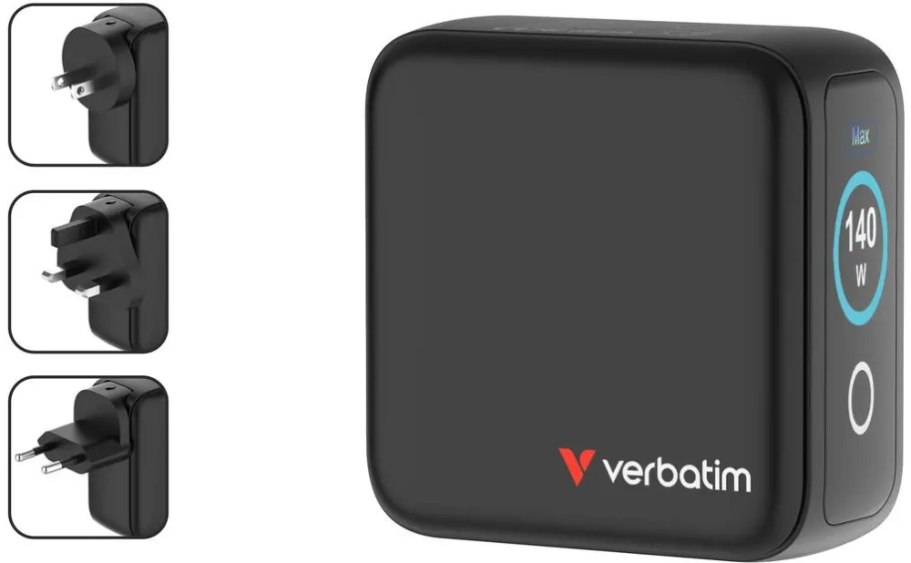 VERBATIM Adaptor de calatorie mini Verbatim 30240, GaN, 140W, display, USB-C1/C2 PD 3.0 pana la 140W, USB-C3 PD 3.0 pana la 40W, USB-A QC 3.0 pana la 30W, negru