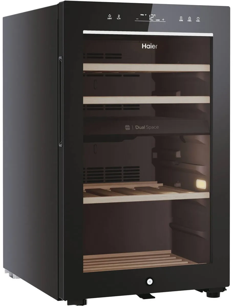 Haier Racitor de vinuri Haier HWS42GDAU1, 42 sticle, WiFi, LED, dual zone, Usa reversibila, Clasa G, H 82 cm, Negru