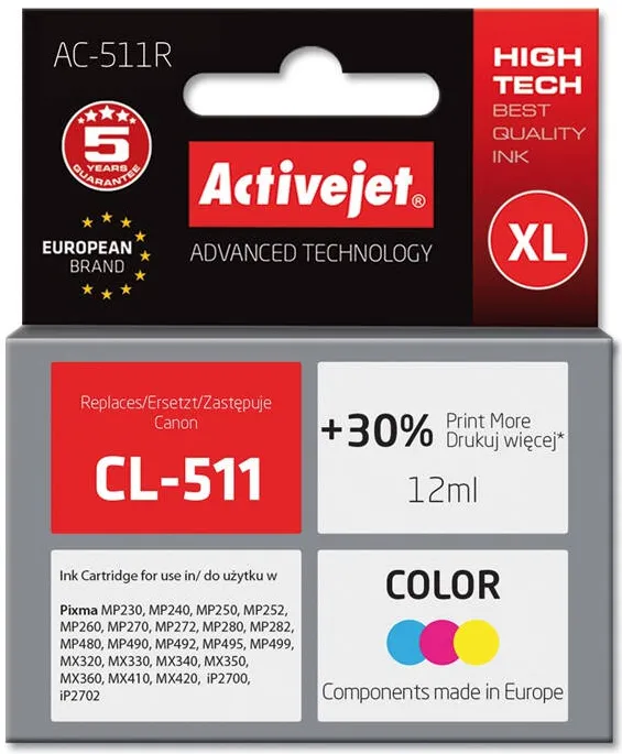 Cartus Imprimanta ACTIVEJET Compatibil AC-511R for Canon printer; Canon CL-511 replacement; Premium; 12 ml; color