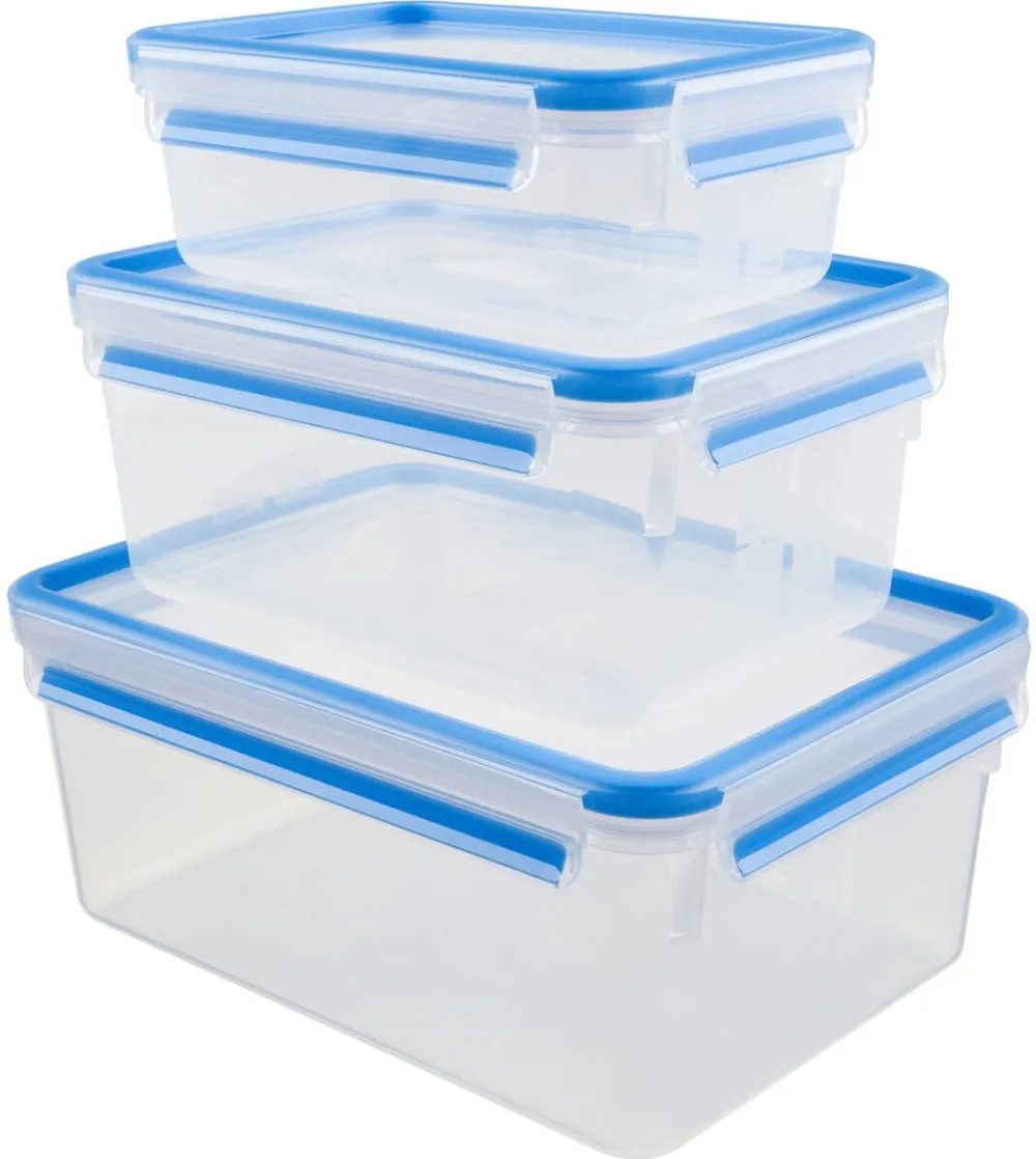 Emsa CLIP & CLOSE food storage container set, 3-piece (transparent/blue, rectangular, 3 containers + 3 lids)