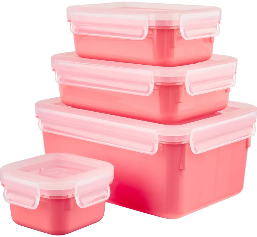 Emsa CLIP & CLOSE Color food storage container, 4-piece set (coral/transparent, rectangular, 4 containers + 4 lids)