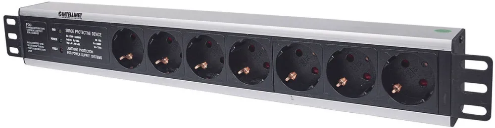 Intellinet 19" 1.5U Rackmount 7-Way Power Strip - German Type", With Surge Protection, 3m Power Cord (Euro 2-pin plug)