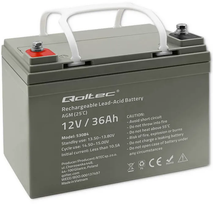 QOLTEC Acumulator AGM Qoltec 12V 36Ah, 40.1kg, Fara Intretinere, Tehnologie LongLife, Fiabilitate Extrema, Ideal pentru UPS, Sisteme Fotovoltaice, Rulote, Barci, Centrale Termice, Iluminat de Urgenta, Motoare Electrice, Rezistenta la Cicluri Adan