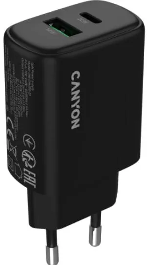 CANYON Incarcator retea Canyon OnCharge 200, 1 x USB-A, 1 x USB-C, 12 V, 3 A, 20 W, Negru