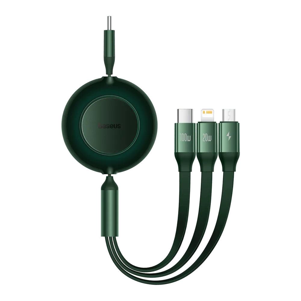 Baseus Cablu reglabil, Baseus, 3 in 1, USB-C + Microusb/USB-C/Lightning, 100 W, Verde