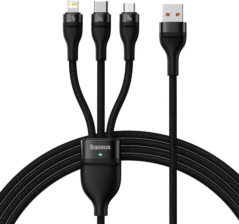 Baseus Cablu de incarcare USB 3 in 1 Baseus Flash II, USB-C + micro USB + Lightning, 66 W, 1,2 m, negru