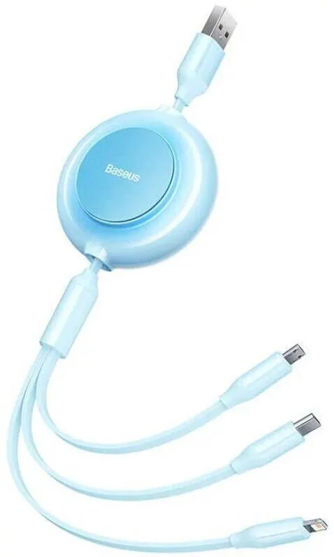 Baseus Cablu date si incarcare, Baseus, 3 in 1 Micro USB, USB-C, 3.5 A, 1.1 m, Albastru deschis