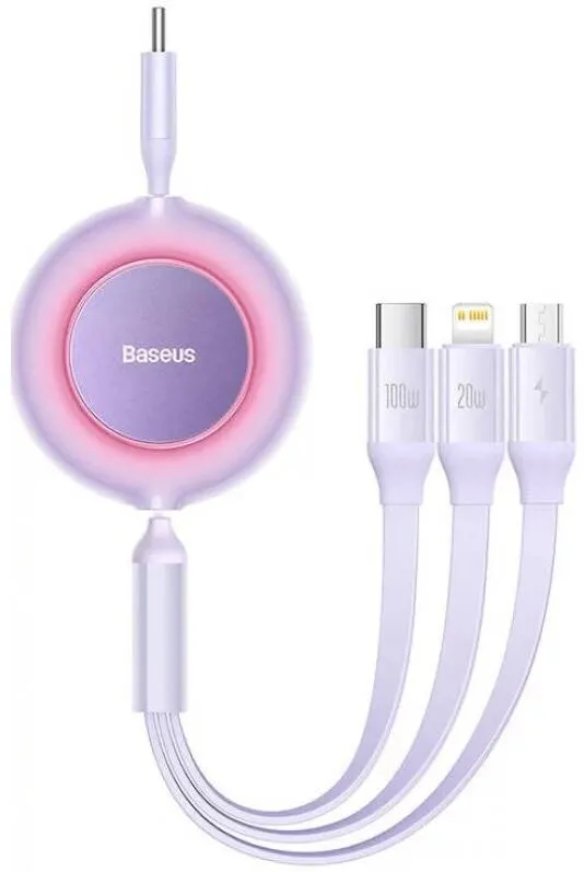 Baseus Cablu de incarcare, Baseus, Bright Mirror 4, cablu 3 in 1, Micro USB tip Lightning USB-C, 100 W, 3.5 A, 1,1 m, Violet/Alb