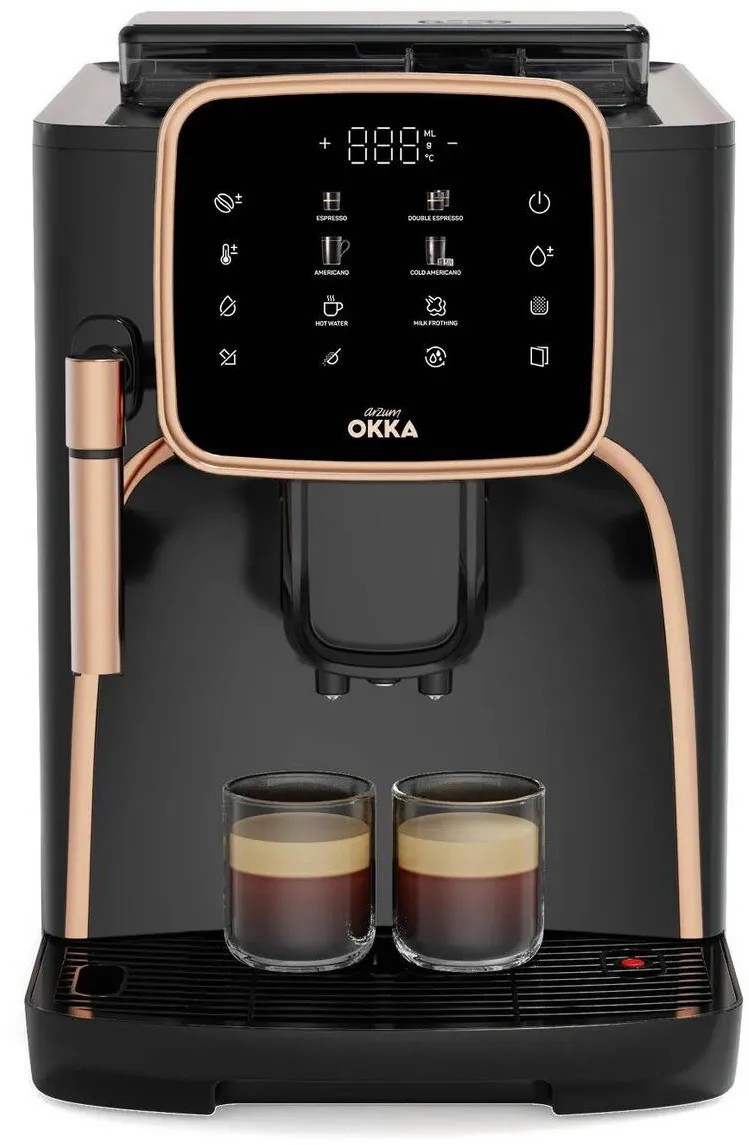 Espressor Arzum automat Arzum Okka, cu sistem de spumare automata, cuptor inox, cu touchscreen, cu dimensiuni 17x22,5x34,5cm, culoare cupru