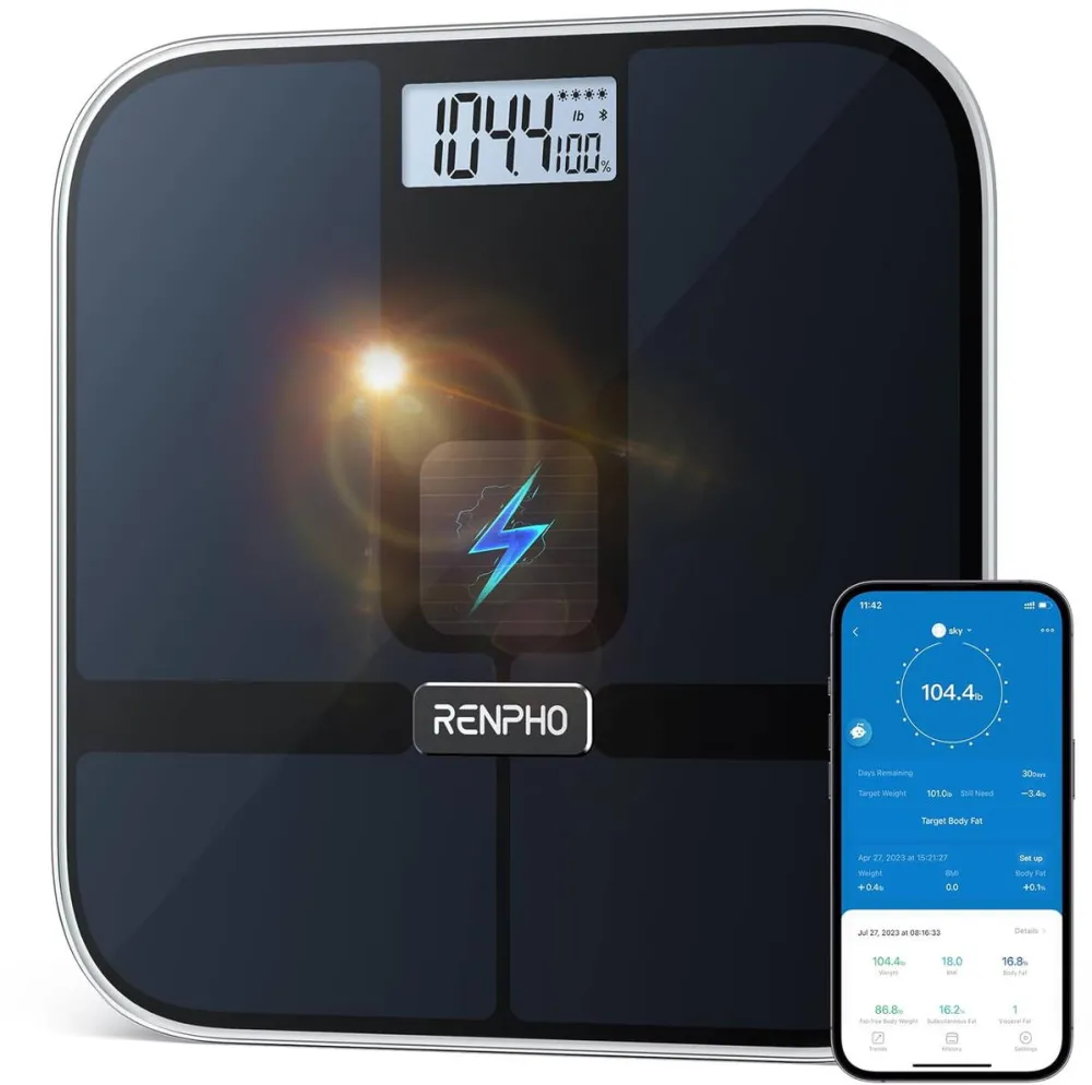 Renpho Cantar Smart Digital RENPHO R-A020 Body Composition, 13 parametri, Alimentare Solara, Greutate, Grasime Corporala, Muschi, Oase, Bluetooth, Apple Health, Fitbit, Samsung Health