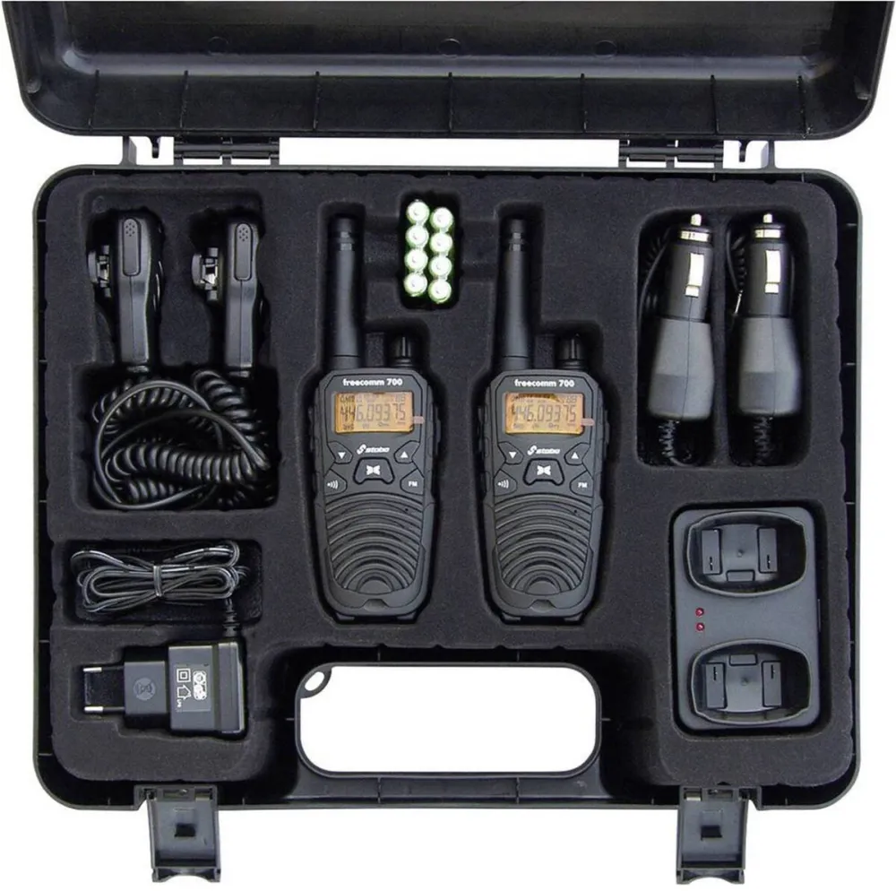 Stabo Statie radio PMR portabila Stabo Freecomm 700 Box 8CH VOX Radio FM 0.5W IPX2 600mAh set cu 2bc 20701