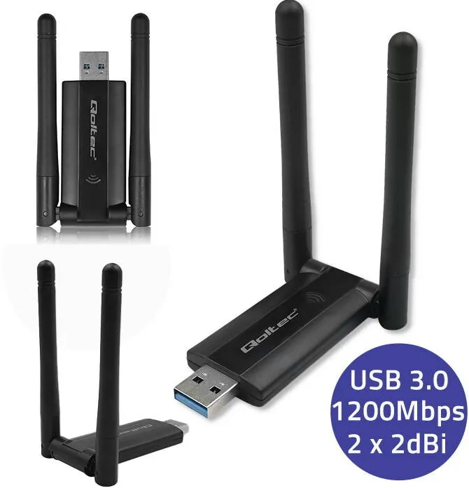 Accesoriu Retea QOLTEC Adaptor Wifi Usb 30 Dual Band, Qoltec, 56987, Fara Fir, Frecventa: 24Ghz Si 5Ghz, Viteza De Transmisie: 1200Mbps, Antena: Antena Interna 2 x 2Dbi, Dimensiuni: 72 mm x 46 mm x 87 mm, Negru