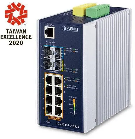 Switch Planet fara management IP30 L3 8P, 10/100/1000T, 2-port SFP, 2-port 10G SFP+, 802.3bt PoE