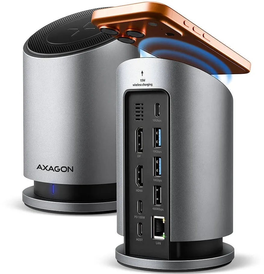 Docking Station AXAGON Docking Station AXAGON HMC-WL9, Hub 9-in-1, Wireless charging 15 W, HDMI, DisplayPort, Multi-port USB-C, 100 W PD