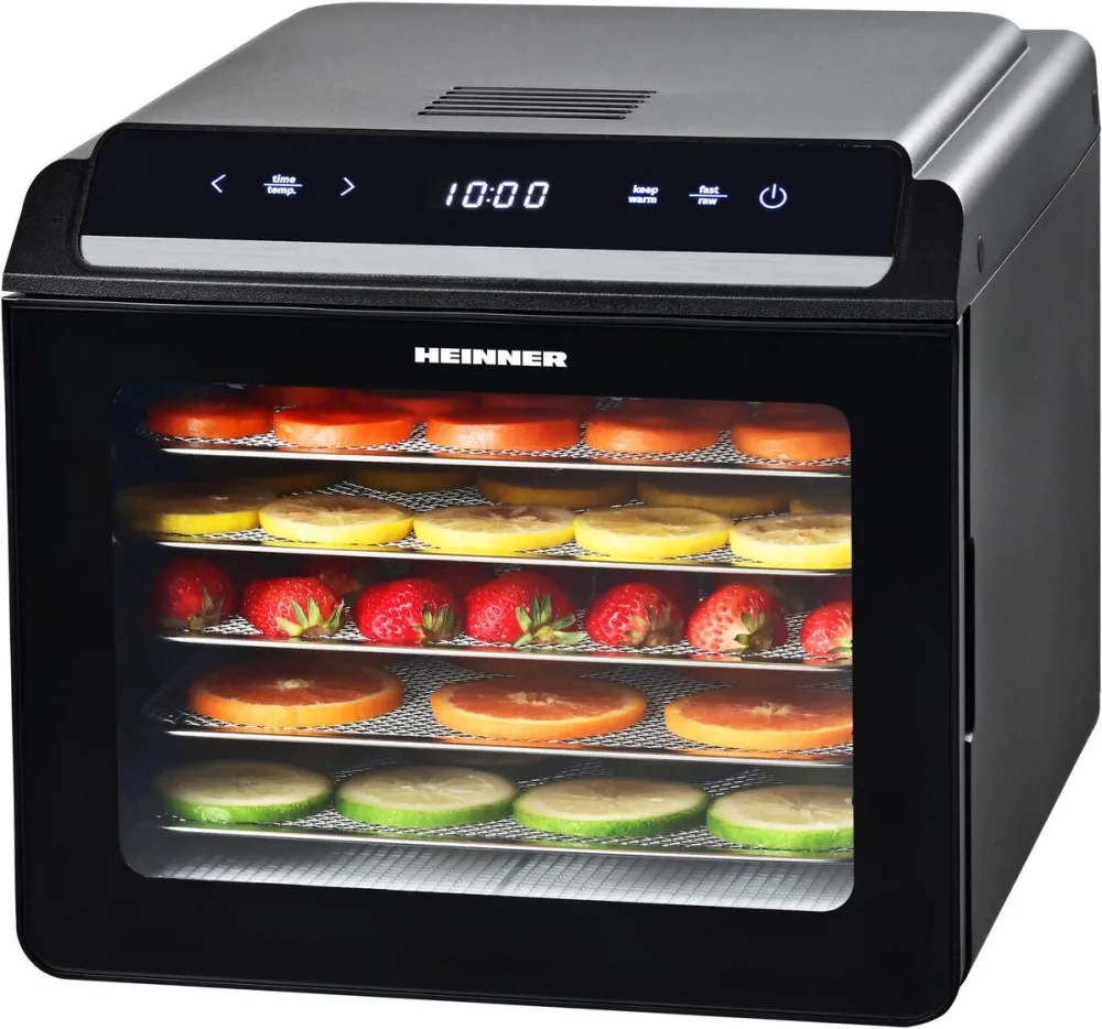 HEINNER Deshidrator fructe si legume Heinner NatureDry HFD-KD600BK, 500-600W, Display LED si control touch, 6 tavi inox, 1 tava rulouri fructe, 1 tava grilaj marunt, 35-75 grade C