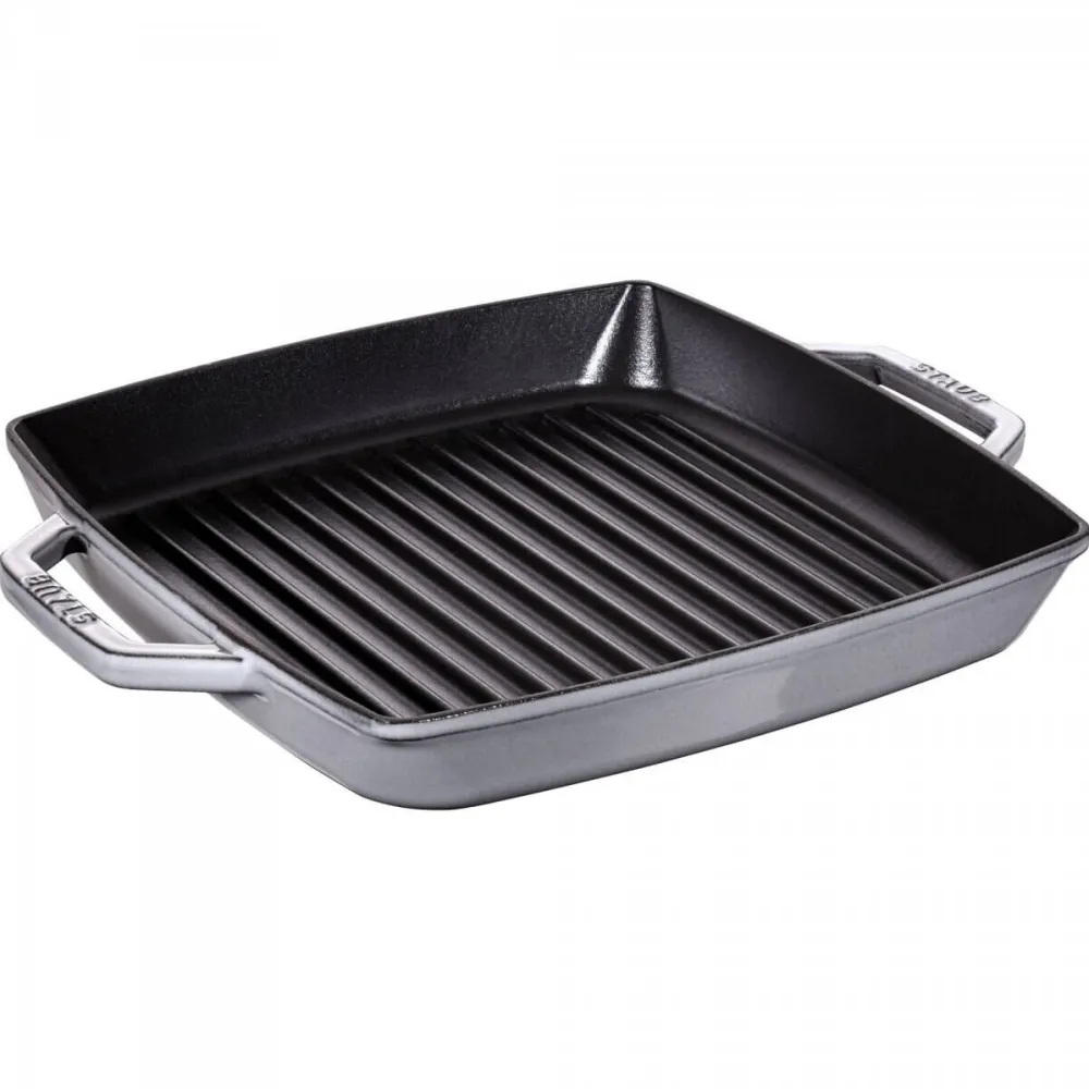 Staub Tigaie grill din fonta cu doua manere, Staub, 28x28cm, grafit