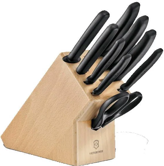 Victorinox Bloc lemn 9 piese bucatarie Victorinox Swiss Classic, manere negre plastic, lemn fag