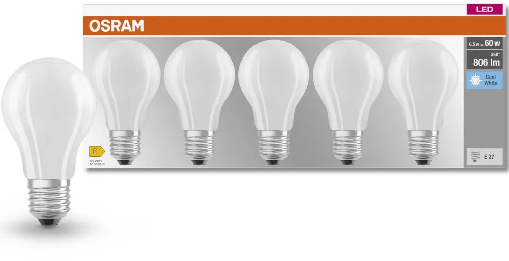 Osram Set 5 becuri OSRAM LED Base, A60, E27, 6.5W (60W), 806 lm, lumina neutra (4000K), clasa energetica E