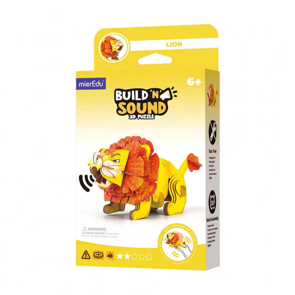 Jucarie Educationala MG DYSTRYBUCJA Puzzle 3D cu sunete - Leu, Build 'n' Sound, Carton, multicolor, mierEdu, 5 ani+