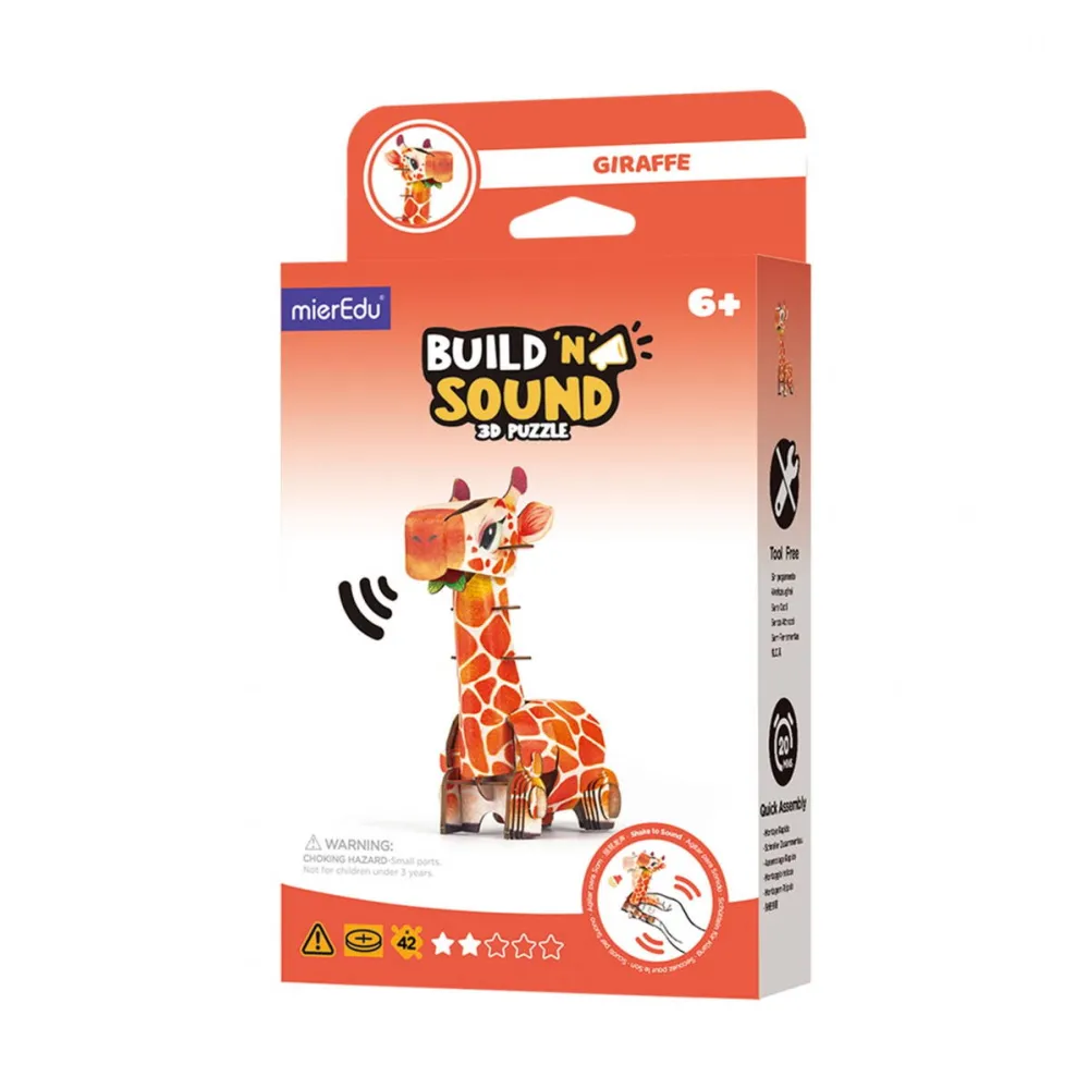 Jucarie Educationala MG DYSTRYBUCJA Puzzle 3D cu sunete - Girafa, Build 'n' Sound, Carton, multicolor, mierEdu, 5 ani+