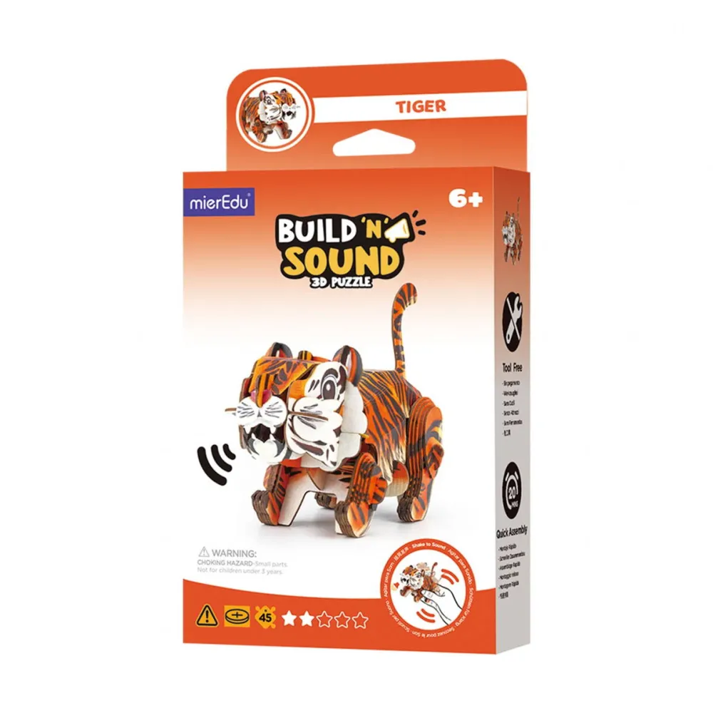Jucarie Educationala MG DYSTRYBUCJA Puzzle 3D cu sunete - Tigru, Build 'n' Sound, Carton, multicolor, mierEdu, 5 ani+