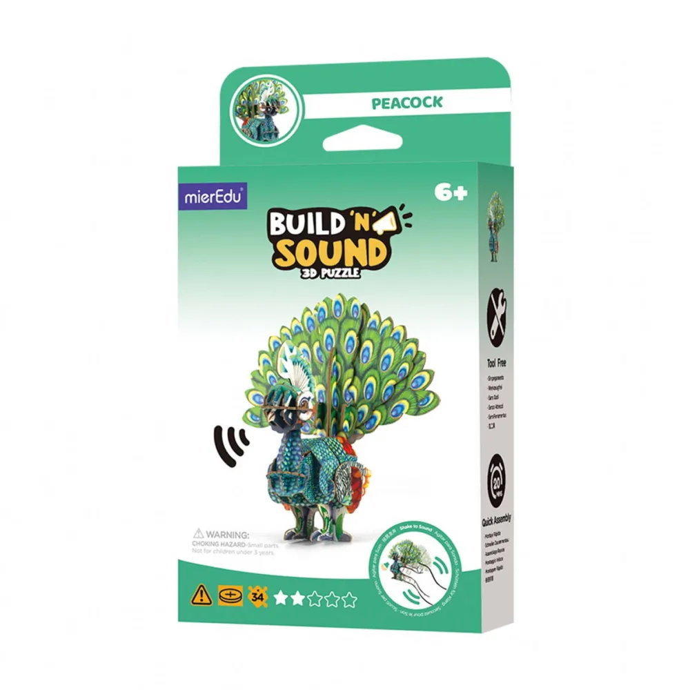 Jucarie Educationala MG DYSTRYBUCJA Puzzle 3D cu sunete - Paun, Build 'n' Sound, Carton, multicolor, mierEdu, 5 ani+