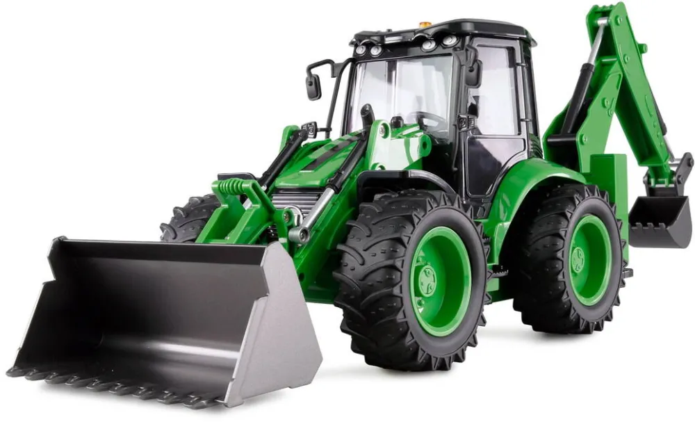 Jucarie creativa AMEWI Buldoexcavator RC cu telecomanda G1401E, Lungime 38 cm, Scara 1:14, Lumini LED, Sunet, 2.4 Ghz, 9 canale, RTR, 8+