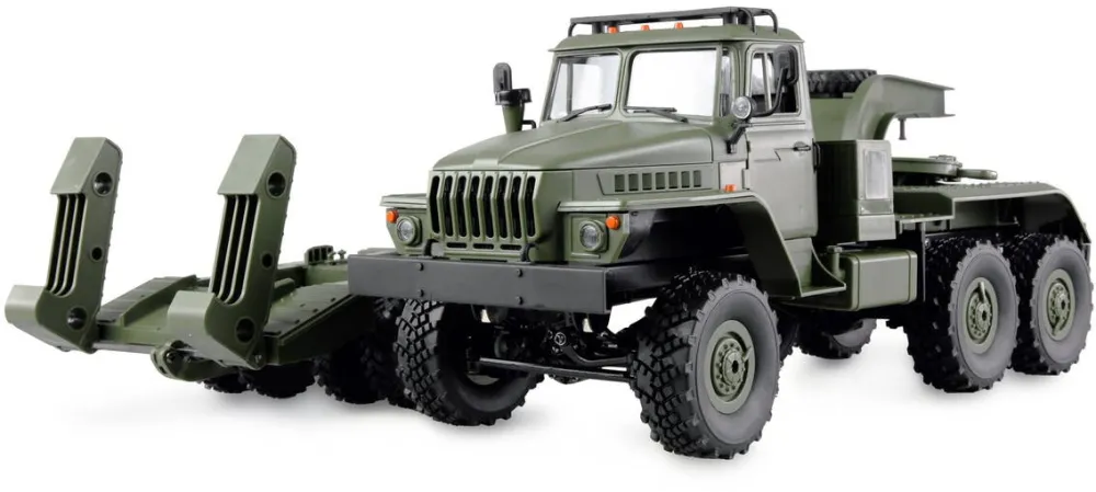 Jucarie creativa AMEWI Camion RC cu telecomanda militar Ural B36 cu remorca transport greu, Lungime 105 cm, Scara 1:16, 6WD, 2.4GHz, Lumina LED fata, RTR, 8+