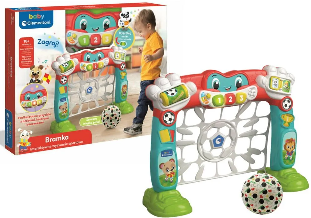 Jucarie Educationala Clementoni Bramka interactiva pentru fotbal Clementoni 50926, cu sunete realiste, 3 butoane colorate, 18+ luni, dimensiuni variate
