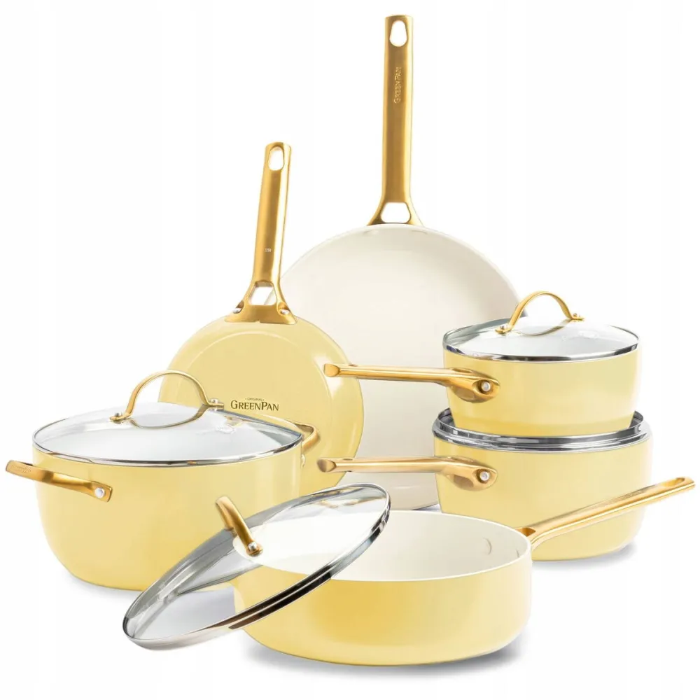 GreenPan Set oale si tigai GreenPan Padova Reserve 10 elemente, galben pastel, inclusiv tigai 20 cm si 28 cm, oala 24 cm, cratita 18 cm, cratita 20 cm