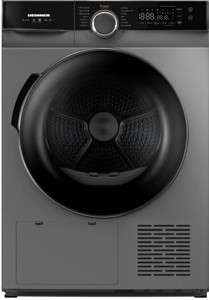 HEINNER Uscator de rufe Heinner HHPD-M9K3SA+++, pompa de caldura, 9 kg, Inverter, 14 programe, clasa C, Control touch, Functie Anti-Sifonare, Program Sterilizare, Iluminare cuva, Argintiu