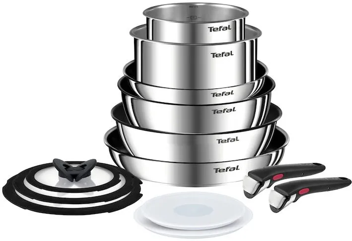 TEFAL Set 13 piese Ingenio Emotion, oala 16 / 20 cm, tigaie 22 / 24 / 28 cm, wok 26 cm, 2 manere detasabile, capace sticla 16 / 20 / 24 cm, capace ermetice 16 / 20 cm, invelis antiaderent, inductie, argintiu
