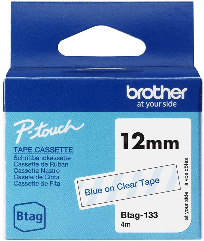 Banda etichete Brother Benzi etichete Brother BTAG-133, albastru pe transparent, 12mm x 4m