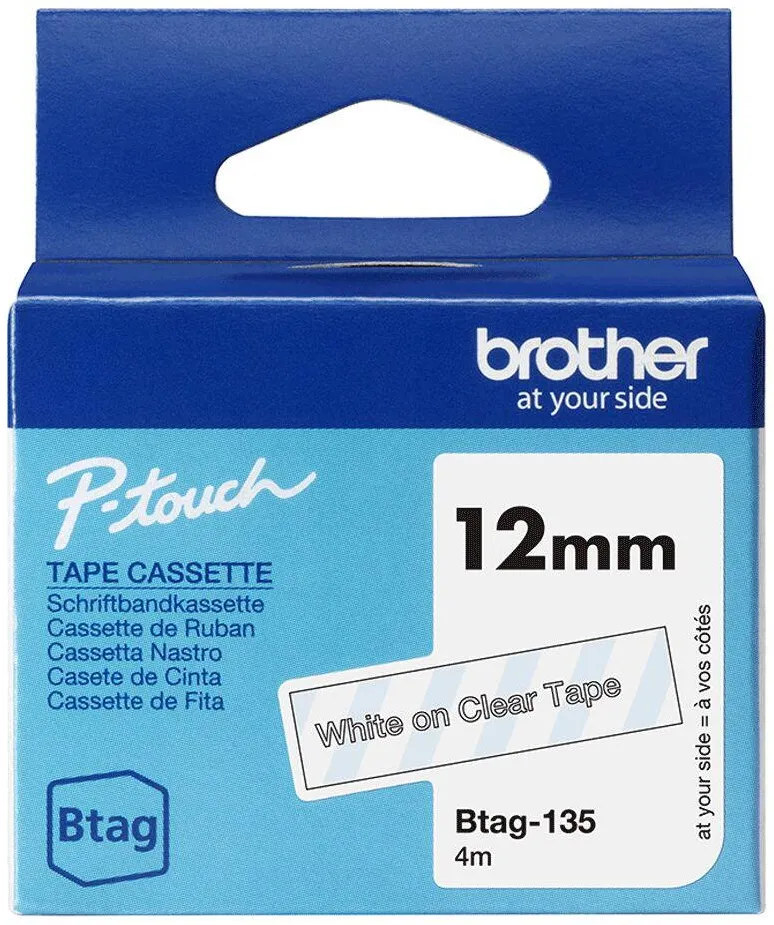 Banda etichete Brother Benzi etichete Brother BTAG-135, alb pe transparent, 12mm x 4m
