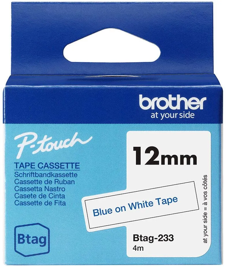 Banda etichete Brother Benzi etichete Brother BTAG-233, albastru pe alb, 12mm, 4m