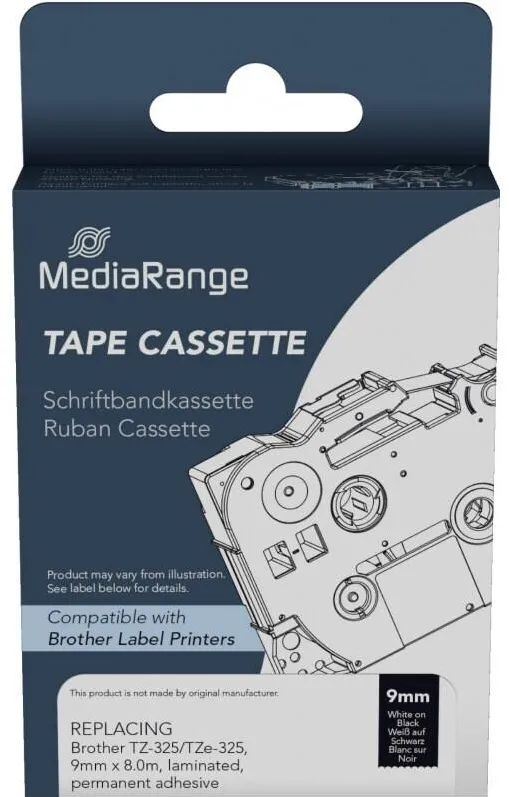 Banda etichete MediaRange Benzile etichete Mediarange, 9mm, 8m, adeziv permanent, alb pe negru